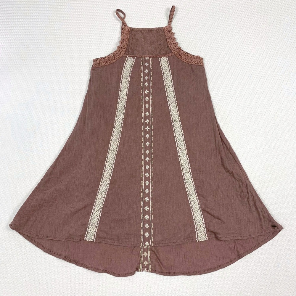 ONeill Womens XS Mauve Brown Boho Lace Trim Embroidered Mini Dress Tunic